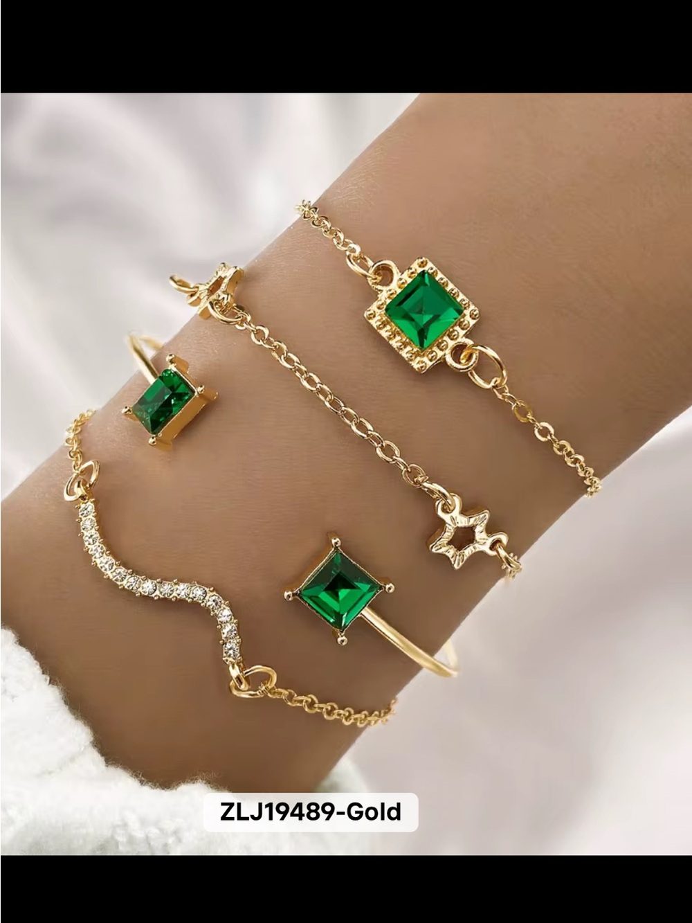 Gold-Plated Green Crystal Bracelet Set - Women Jewelry